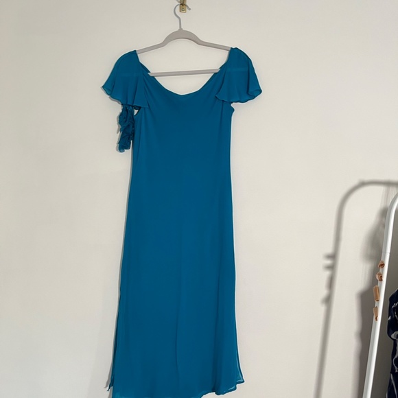 SPENSER JEREMY Gorgeous Teal Flutter Sleeve Cowl Neck 100% Silk Midi Dress Sz 6 - Picture 3 of 14